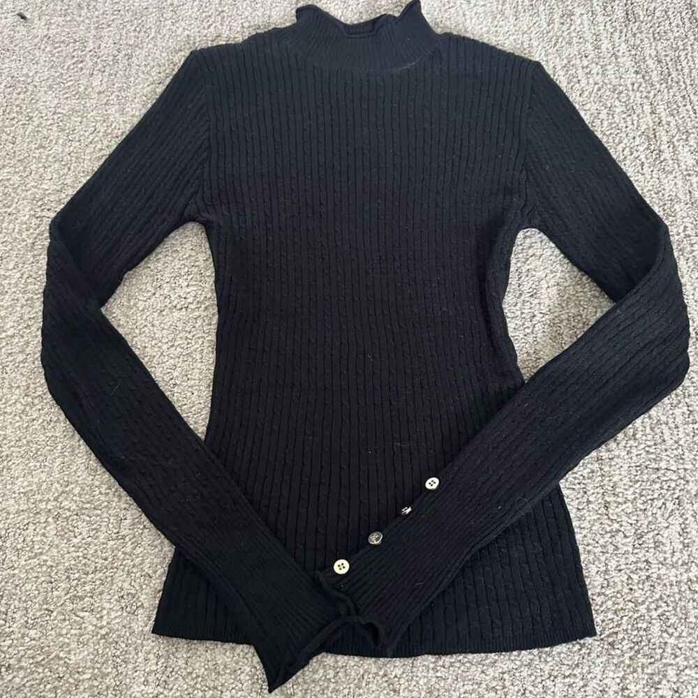 Love Tree Black Mock Neck Cable Knit Sweater Top Button Cuff Detail Size S - Picture 2 of 8